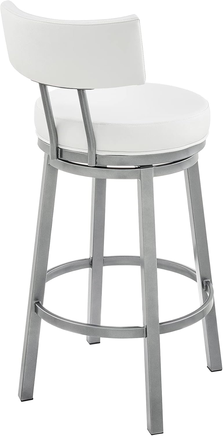 Armen Living Dalza Swivel Counter or Bar Stool in Cloud Finish with White Faux Leather
