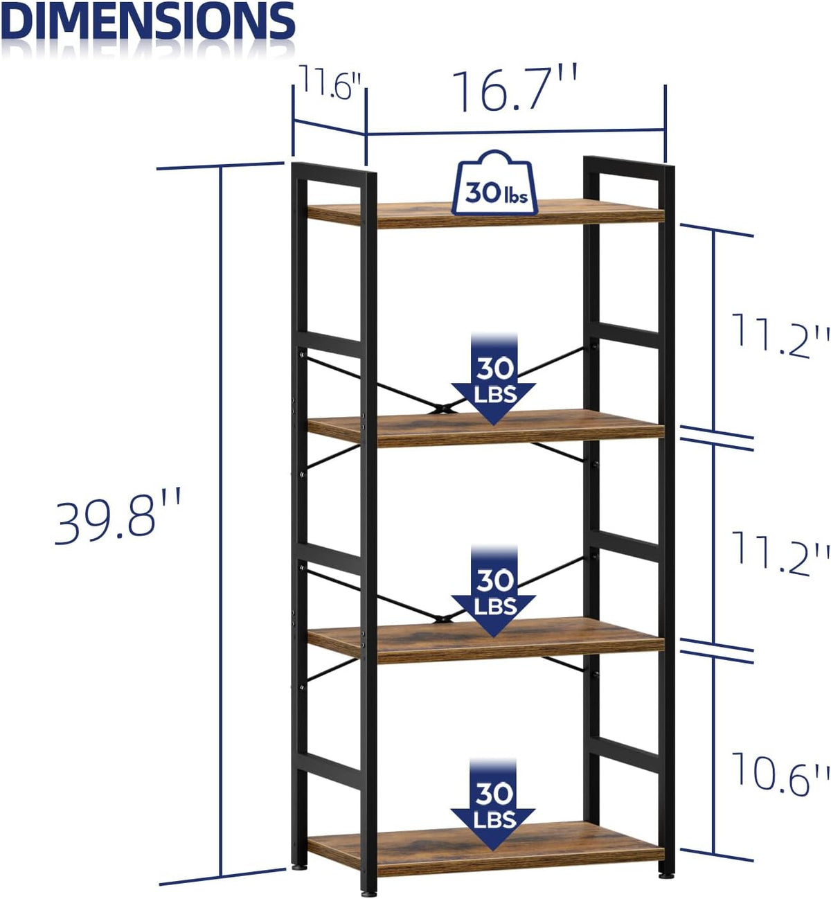 NUMENN 4 Tier Small Bookshelf, Industrial Bookcase Shelf Storage Organizer, Modern Book Shelf for Bedroom, Living Room and Home Office, Vintage
