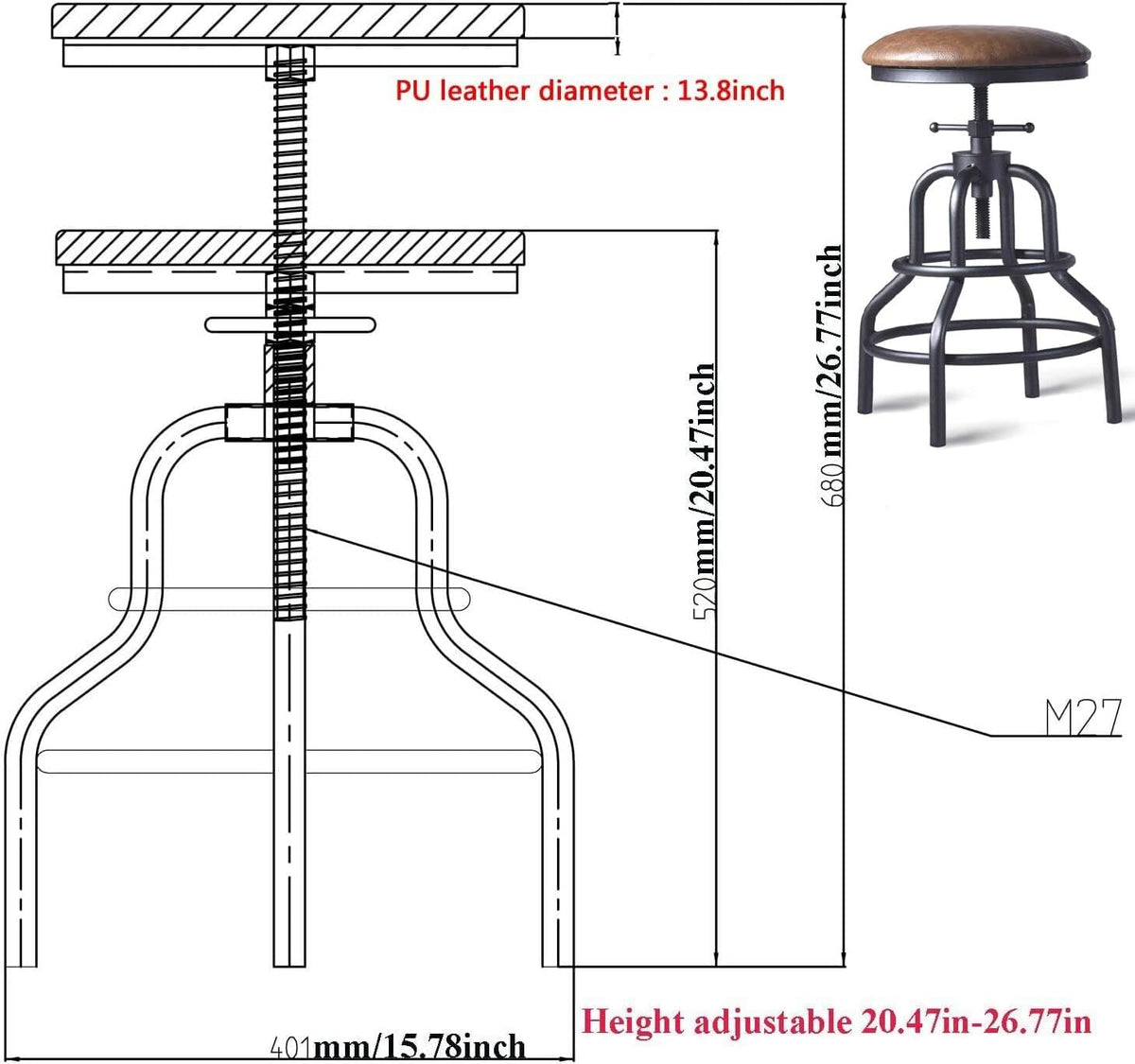 Diwhy Industrial Vintage Counter Stool, Kitchen Counter Height Adjustable Swivel Chair, Metal Frame Stool, 20.47-26.77 Inch, Fully Welded Base, Brown PU Upholstered, Set of 2