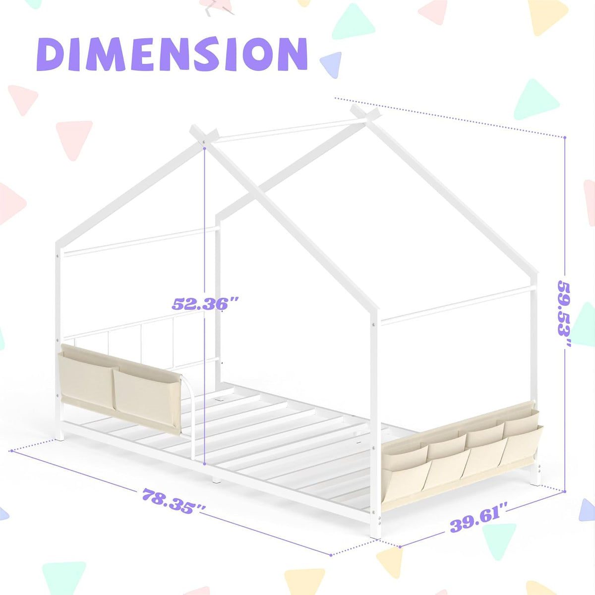 Timy House Shape Twin Size Montessori House Bed Metal Floor Bed with Caddy Twin Bedframe for Kids No Box Spring Needed White