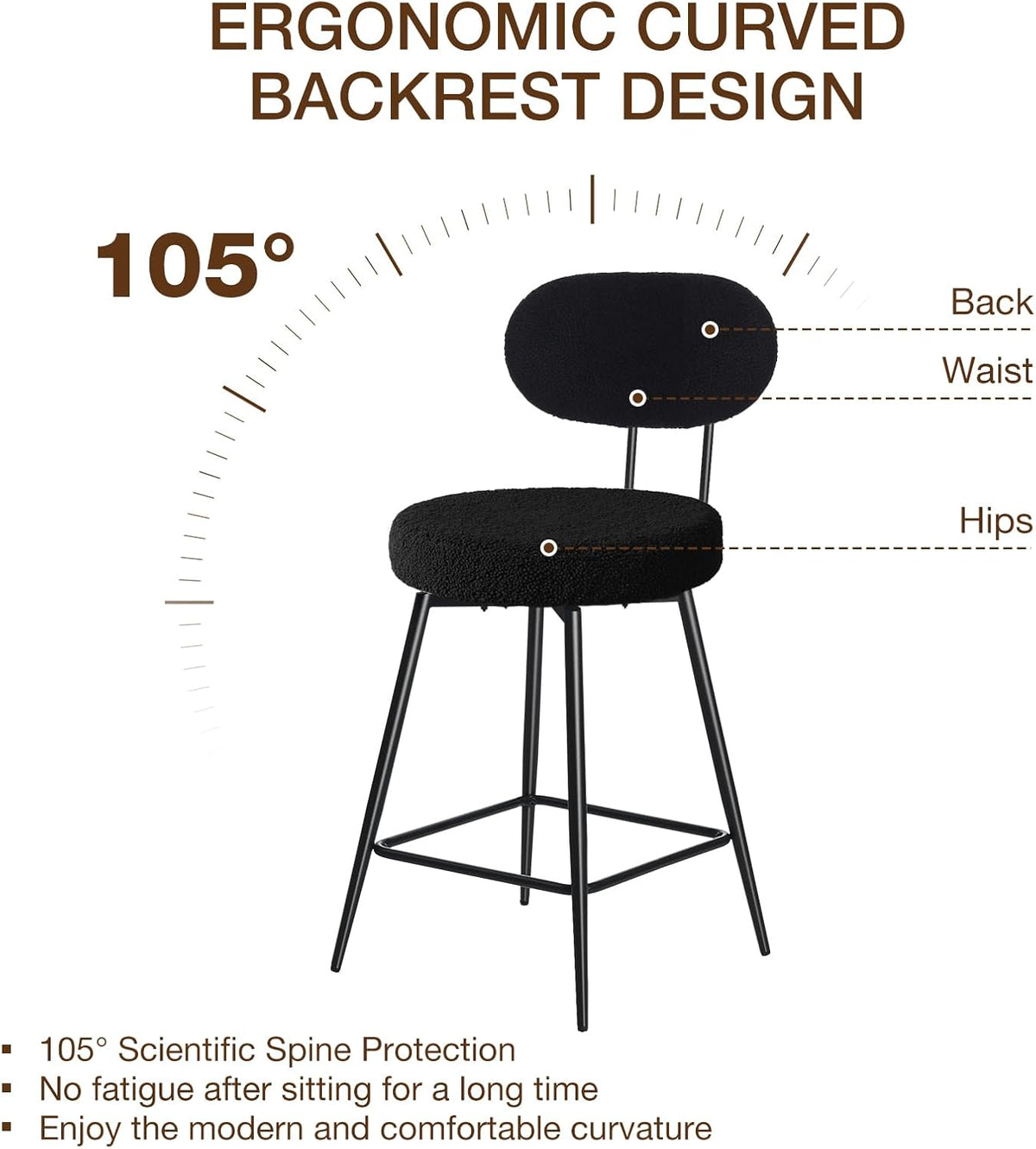 HOMMPA Counter Height Swivel Bar Stools Set of 4 Boucle Barstools 26'' Upholstered Modern Counter Barstools with Back Metal Legs Bar Stools Chairs for Kitchen Counter Island Black
