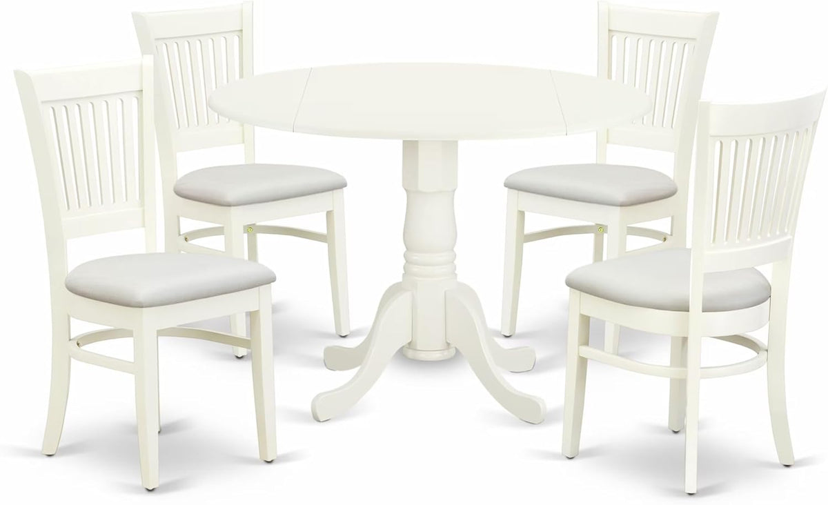 East West Furniture DLVA5-LWH-C 5 Piece Dining Table Set for 4 Includes a Round Kitchen Table with Dropleaf and 4 Linen Fabric Kitchen Dining Chairs, 42x42 Inch, Linen White
