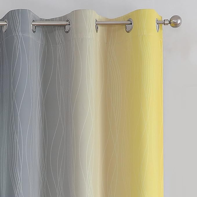Grey and Yellow Blackout Curtains 84 Inch Length 2 Panels Set, 100% Blackout