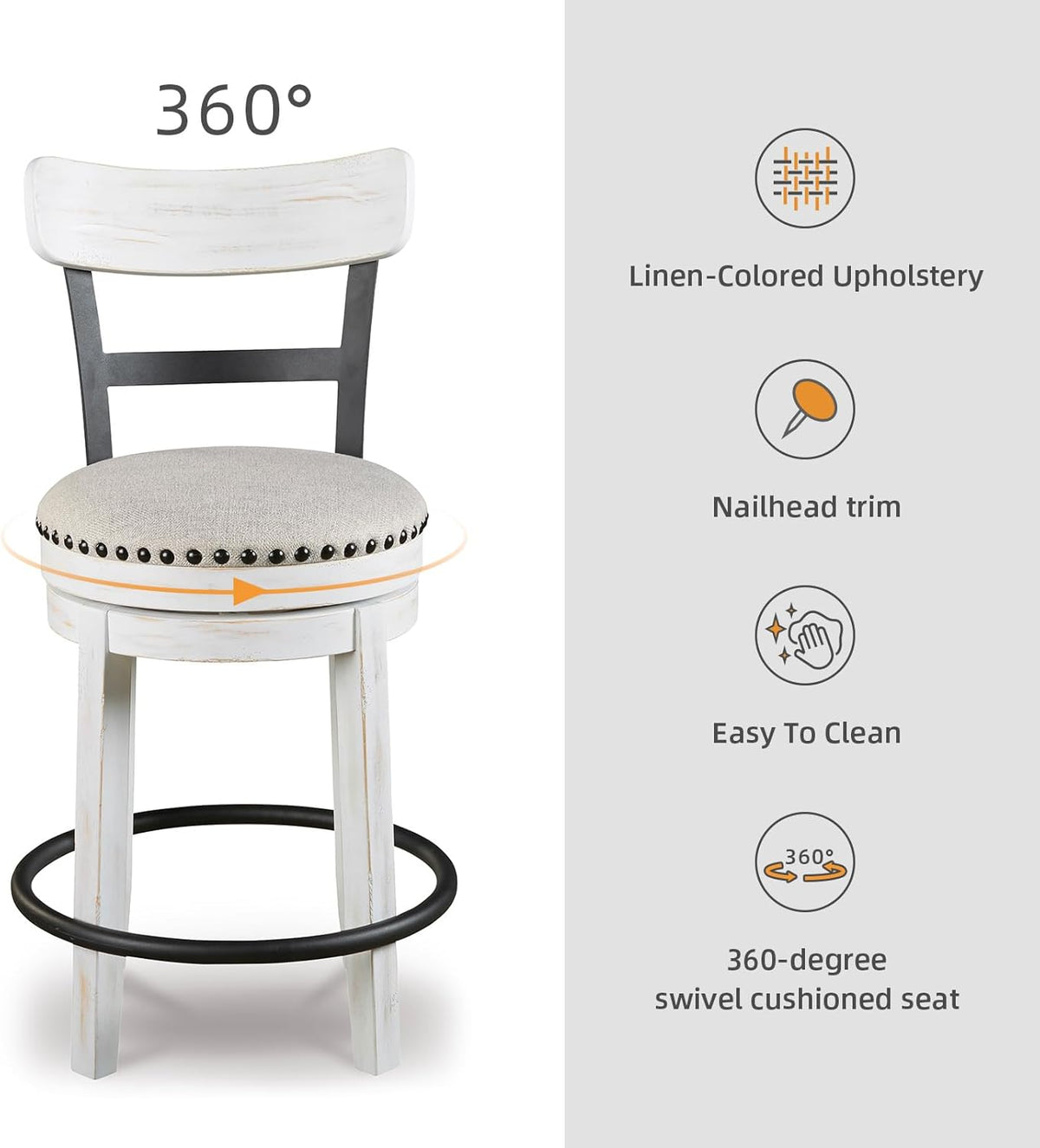 Signature Design by Ashley Valebeck 24.5" Modern Swivel Counter Height Barstool, Whitewash