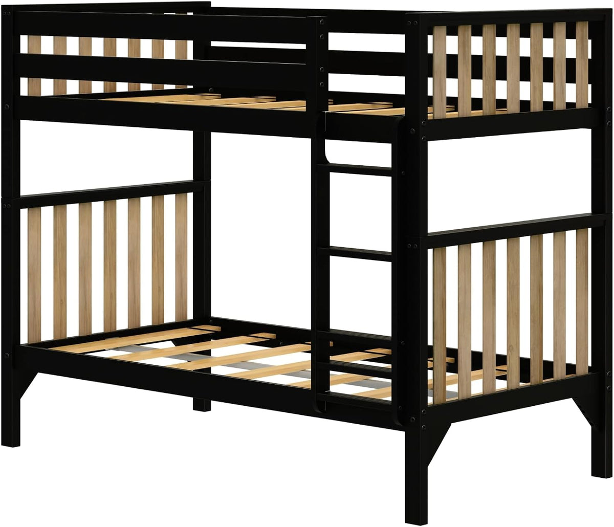 Max & Lily Bunk Bed, Scandinavian Modern Bunk Bed, Solid Wood Twin-Over-Twin Bed Frame for Kids, No Box Spring Needed, Black/Blonde