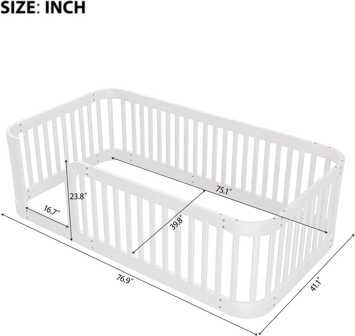 Bellemave Twin Floor Bed with High Fence and Rounded Corner Design, Wood Montessori Floor Bed with Guardrail and Entrance, Easy Assemble Montessori Bed Twin Size, White