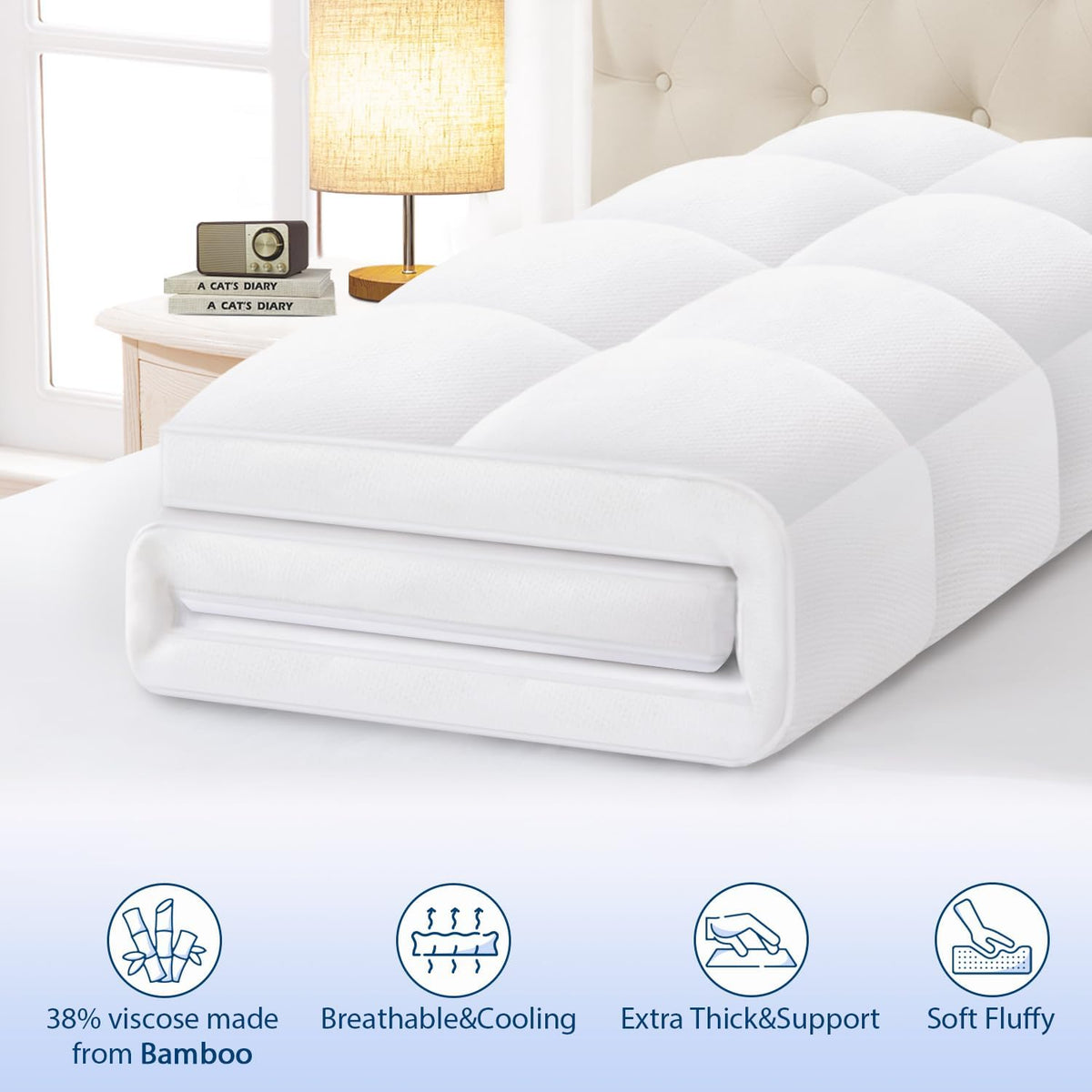 ELEMUSE Twin Cooling Bamboo Viscose Mattress Topper for Back Pain, Extra Thick Mattress Pad Cover, Plush Soft Pillowtop with Elastic Deep Pocket, Overfilled Down Alternative Filling