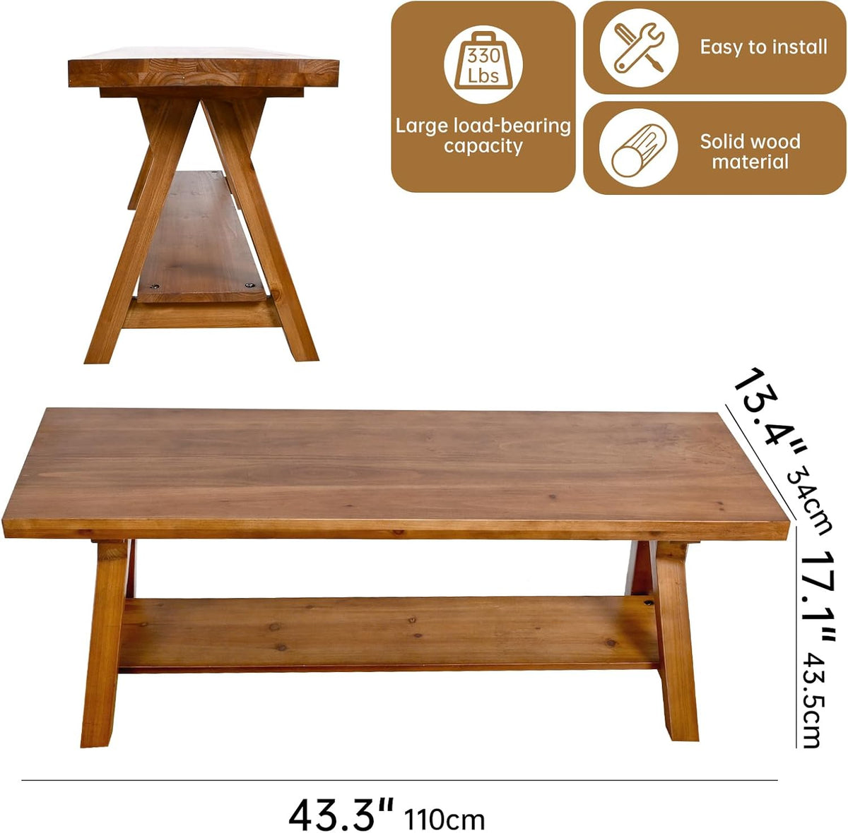 43 Inch Farmhouse Storage Bench, Rustic Solid Wood Entryway Bench for Living Room, Dining Room, Hallway | Indoor Seating with Natural Wood Finish