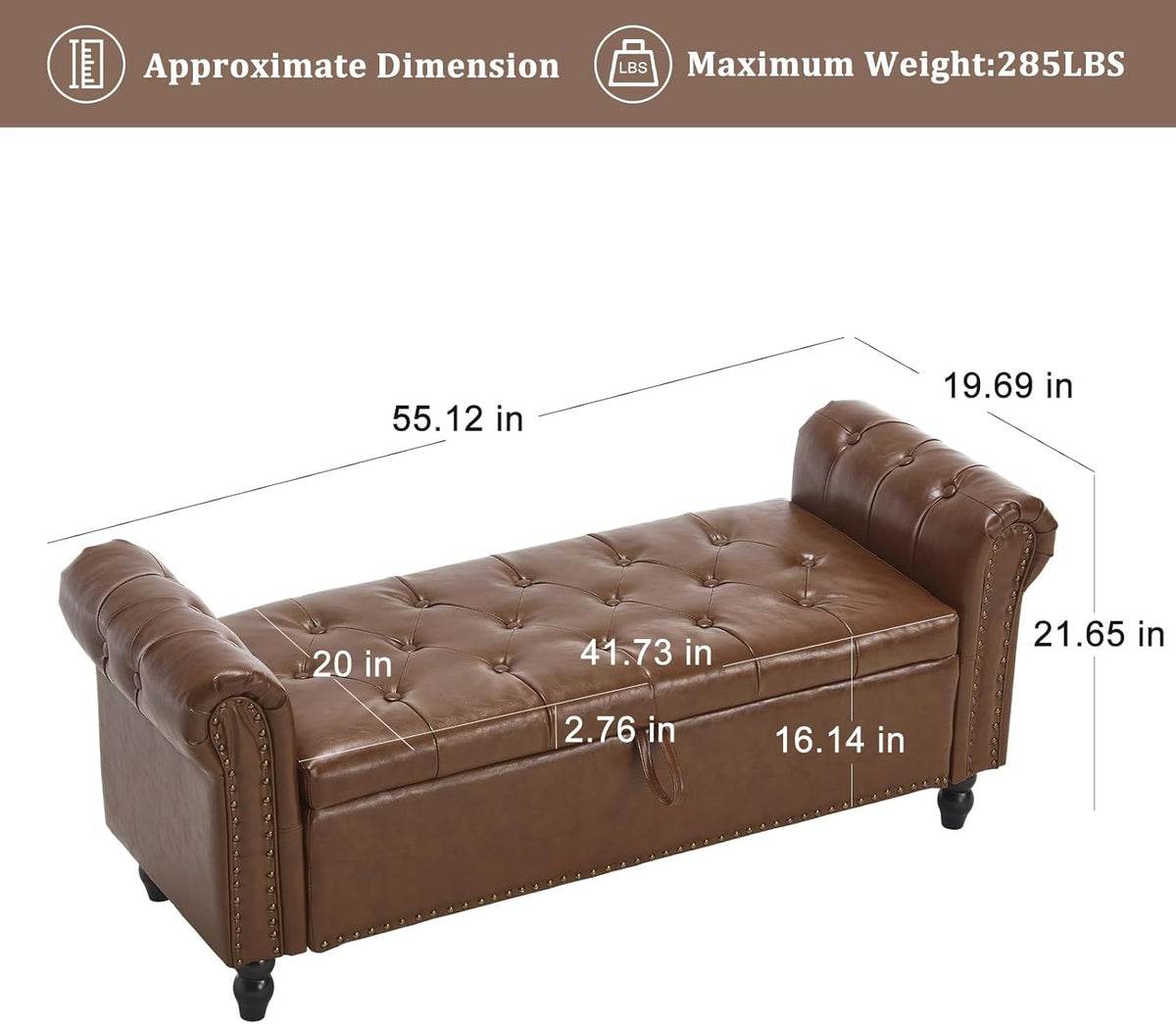 Furniliving 55” End of Bed Bench, Bedroom Bench with Button-Tufted, Large Upholstered Storage Ottoman Entryway Bench with Storage Shoe Cabinet Bench, for Bedroom, PU, Brown