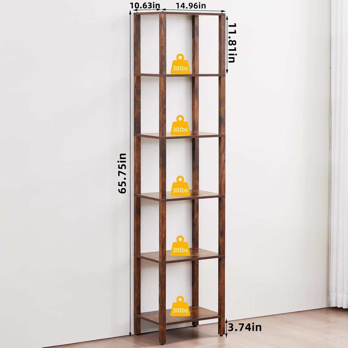 66in Tall Bookshelf 6-Tier Small Narrow Bookcase, Skinny Book Shelf for Small Space, Farmhouse Slim Shelf with Storage, Wood Freestanding Display Thin Bookshelves for Living Room, Office, Brown