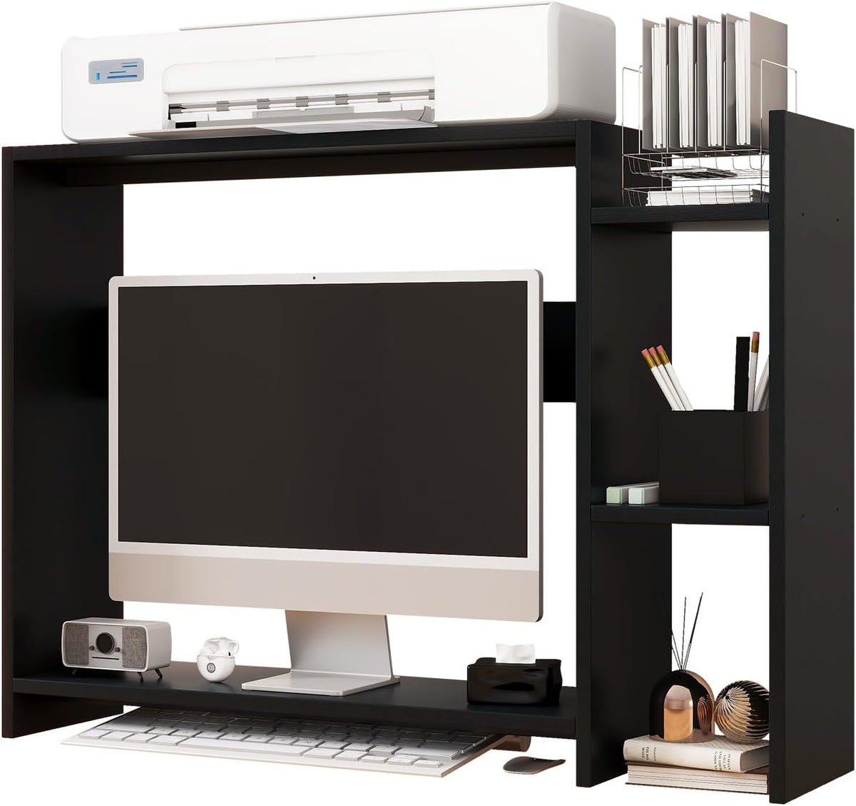 IBUYKE Desktop Bookshelf,36.8" Desktop Organizer Shelf,Wood Desk Hutch for Computer Monitor,Display Shelf for Office Home Dormitory,Black TMZ008B
