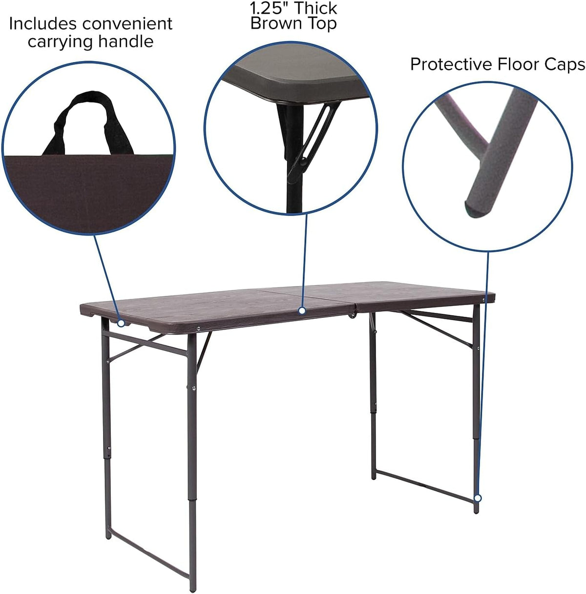 Flash Furniture Mills 4-Foot Height Adjustable Bi-Fold Brown Wood Grain Plastic Folding Table with Carrying Handle
