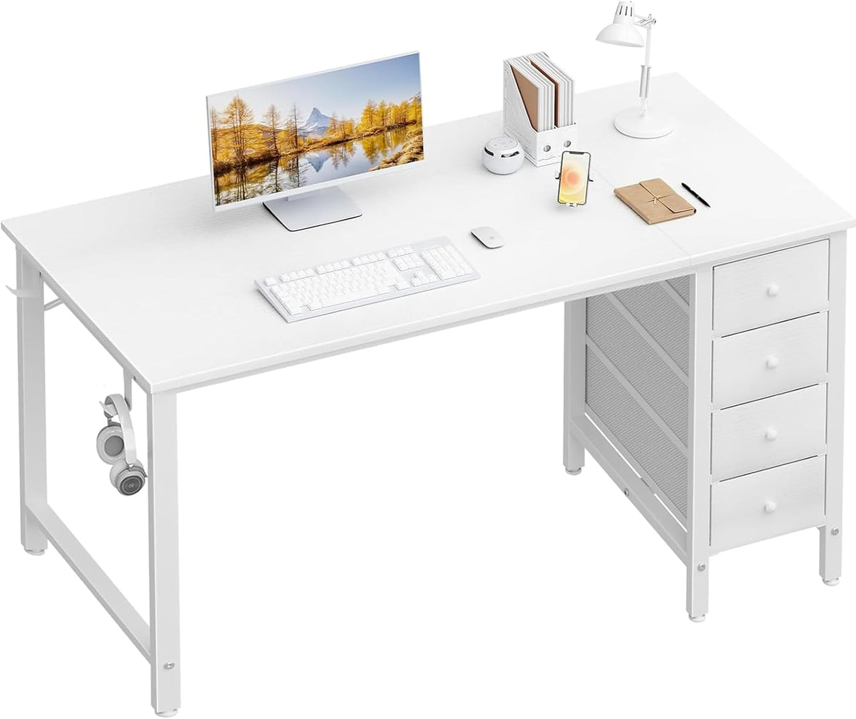 Lufeiya White Computer Desk with Drawers - 55 Inch Long Study Work Writing Desk for Home Office Bedroom, Reversible Simple Modern Cute PC Desks with Fabric Drawer, White