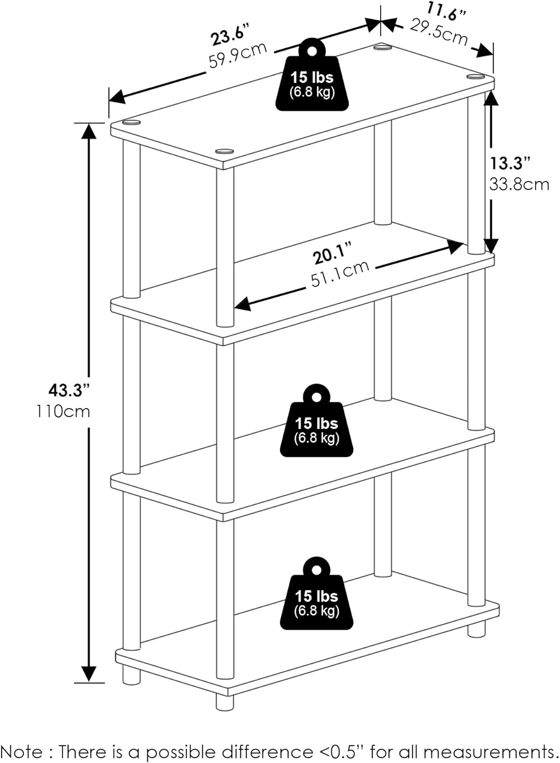 Furinno Turn-N-Tube 4-Tier Multipurpose Shelf Display Rack, White/White