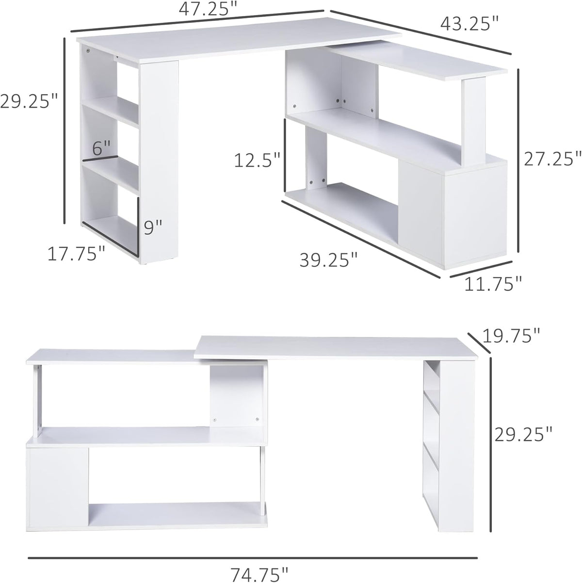 HOMCOM L Shaped Desk, Corner Computer Desk, 360 Degree Rotating Home Office Desk with Storage Shelves, Writing Table Workstation, White