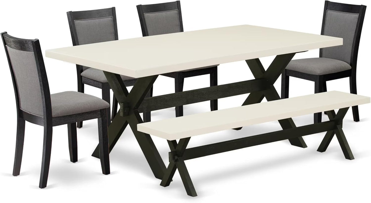 East West Furniture X627MZ650-6 6 Piece Dining Table Set Contains a Rectangle Kitchen Table and 4 Dark Gotham Grey Linen Fabric Parson Chairs with a Bench, 40x72 Inch, Multi-Color