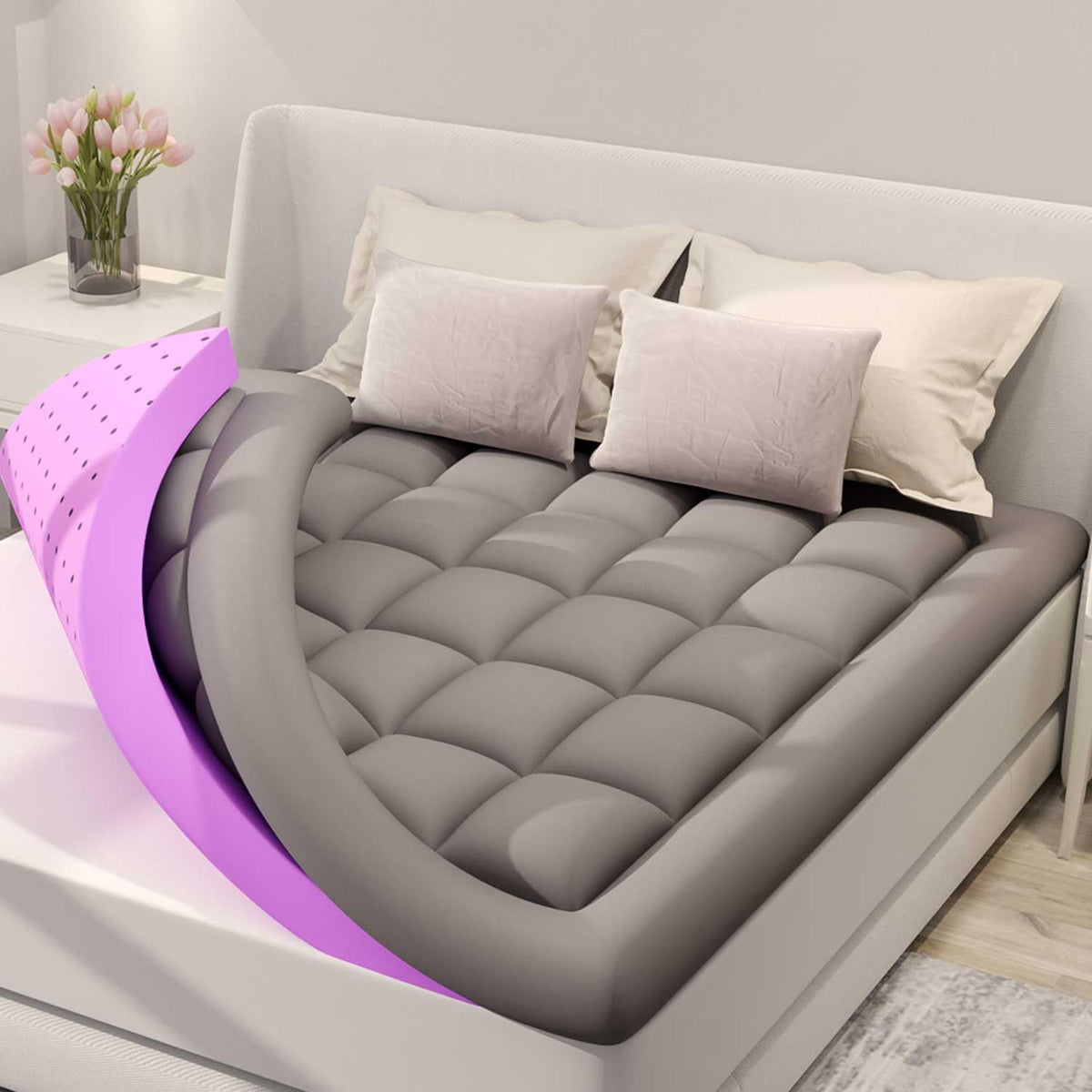 BDEUS Dual Layer 5 Inch Memory Foam Mattress Topper King Size, 2 Inch Gel Memory Foam Plus 3 Inch 1450 GSM Down Alternative Quilted Pillow Top Mattress Pad Cover,Dark Gray