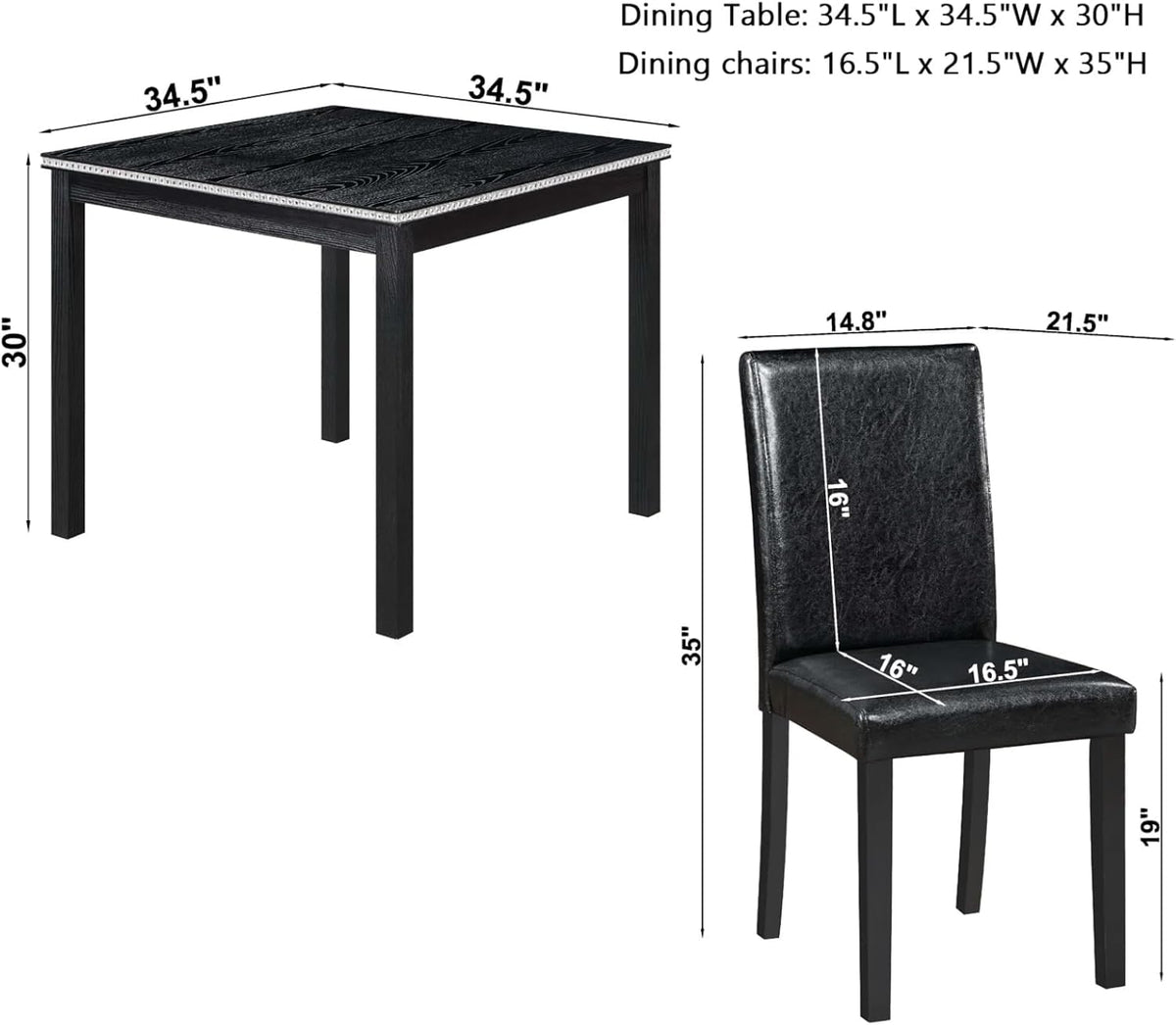Dining Table Set for 4, 5-Piece Dining Room Table Set with Square Crystal Decoration Table & 4 Upholstered Backrest Chairs, Counter Height Kitchen Sets with Faux Wood Grain Design, Black
