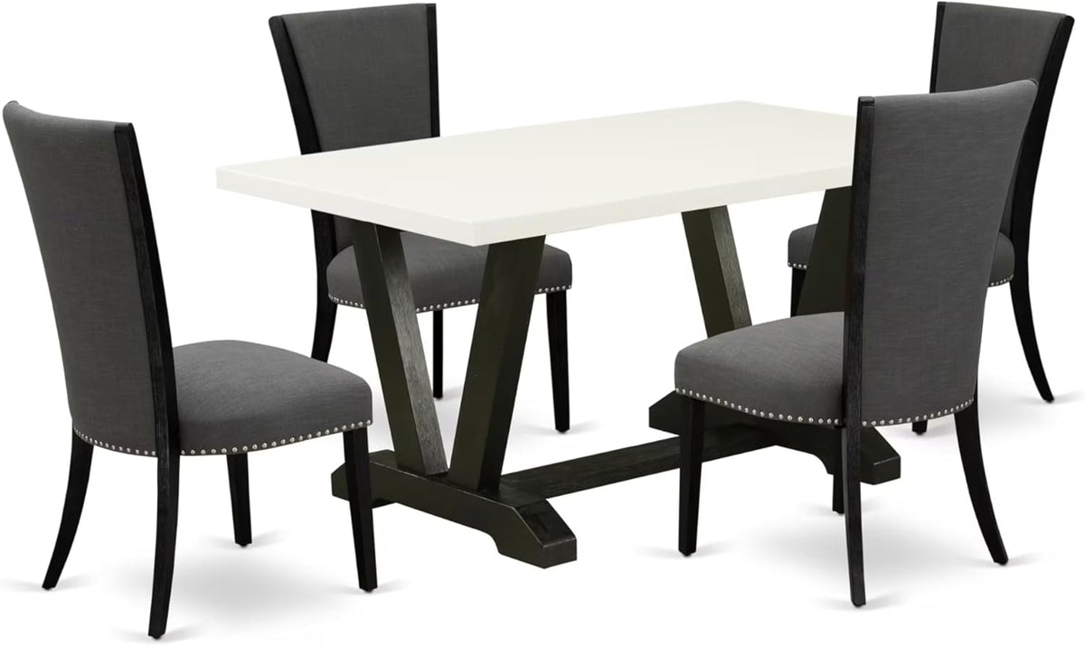 East West Furniture V626VE650-5 5 Piece Dining Set Includes a Rectangle Dining Room Table with V-Legs and 4 Dark Gotham Linen Fabric Parson Chairs, 36x60 Inch, Multi-Color