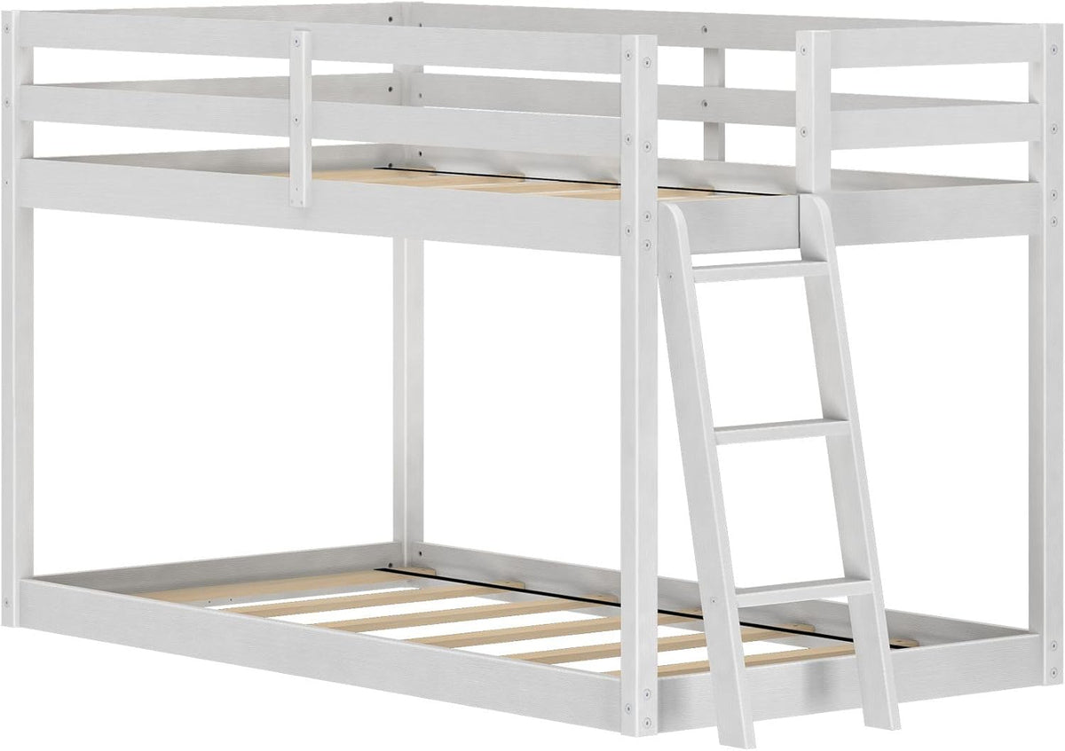 Grain & Grove Bear Twin Over Twin Bunk Bed, Low Bunk Bed Frame for Kids, Bunk with Ladder, Guardrail, and Slats, No Box Spring Required, Brushed White