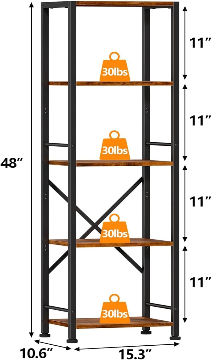 Furologee 5 Tier Tall Bookshelf, Rustic Narrow Bookcase, Display Standing Shelf Units, Metal and Wood Storage Shelves Organizer for Bedroom, Living Room, Home Office, Entryway, Kitchen, Rustic Brown