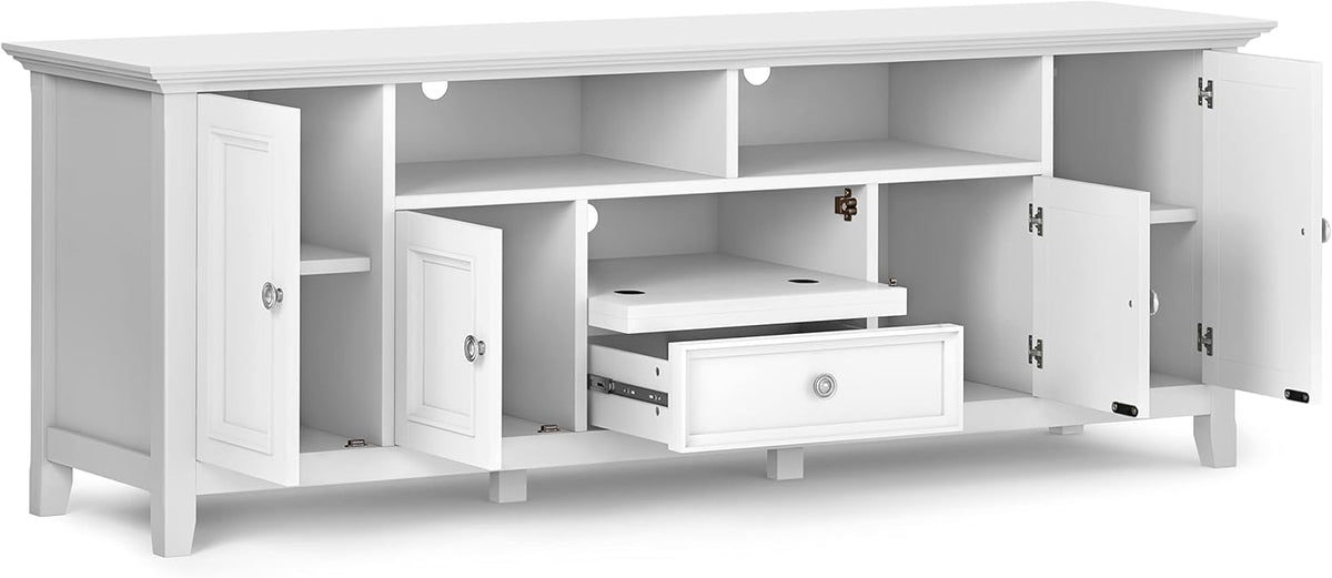 SIMPLIHOME Amherst 72-inch Wide Solid Wood TV Stand in White, Transitional-Style Media Console for Living Room with Cable Management and Adjustable Shelves, Fits 80" TVs
