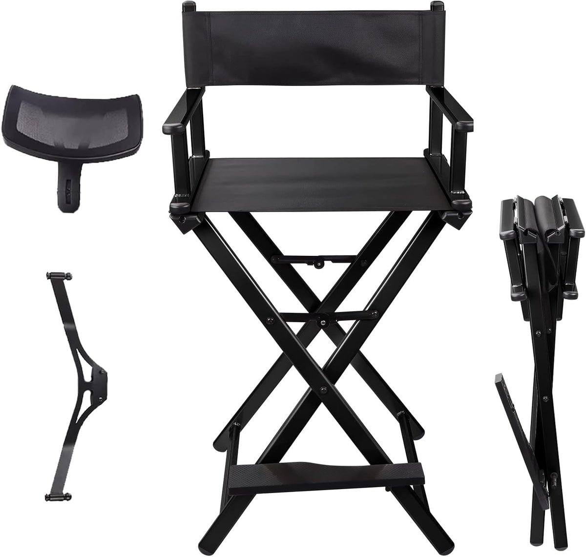 Lorvain Folable Makeup Artist Stool, Portable Tall Folding Director's Chair, Aluminum Makeup Chair with Head Rest for Studio Salon Vanity, Bar Height - Black
