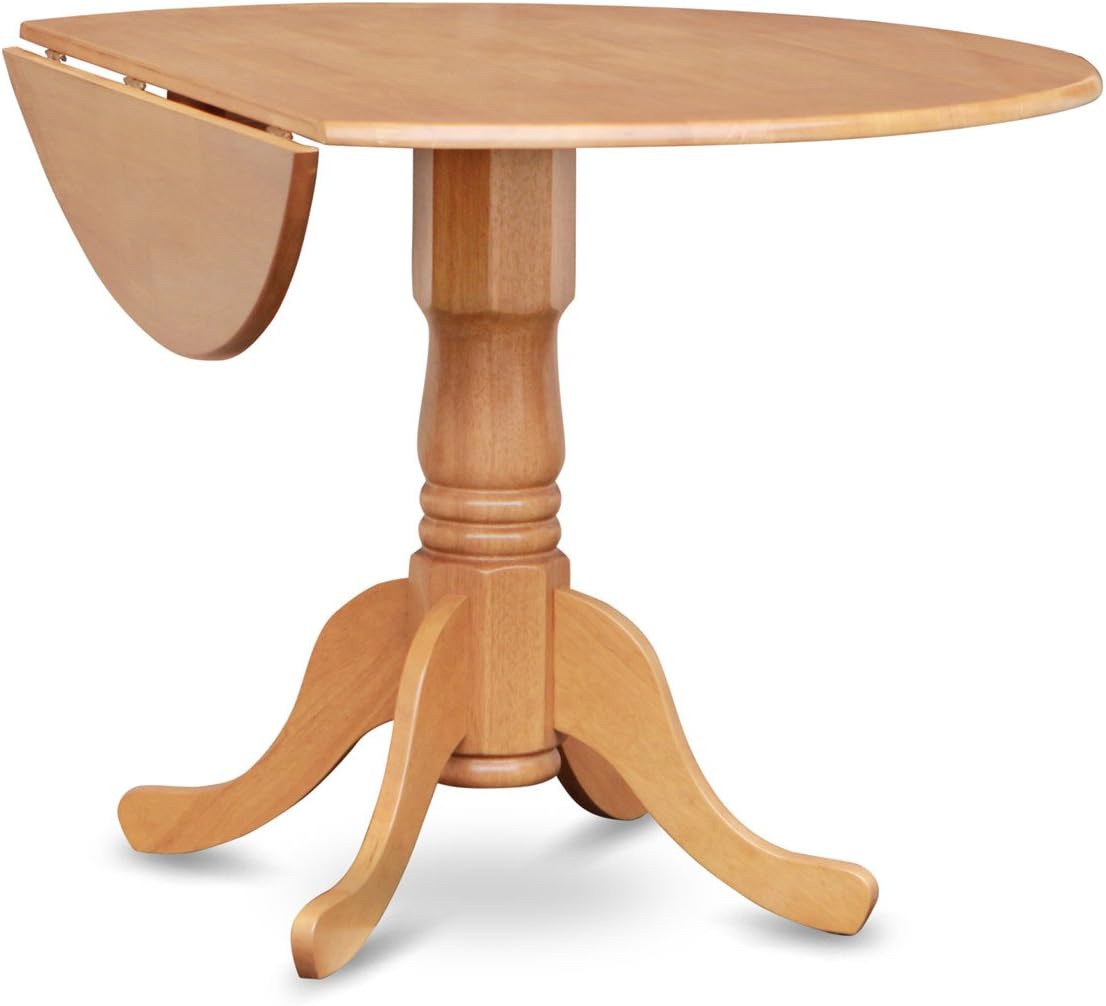 East West Furniture DLBR3-OAK-18 3 Piece Kitchen Table & Chairs Set Contains a Round Dining Table with Dropleaf and 2 Brown Linen Linen Fabric Upholstered Chairs, 42x42 Inch, Oak