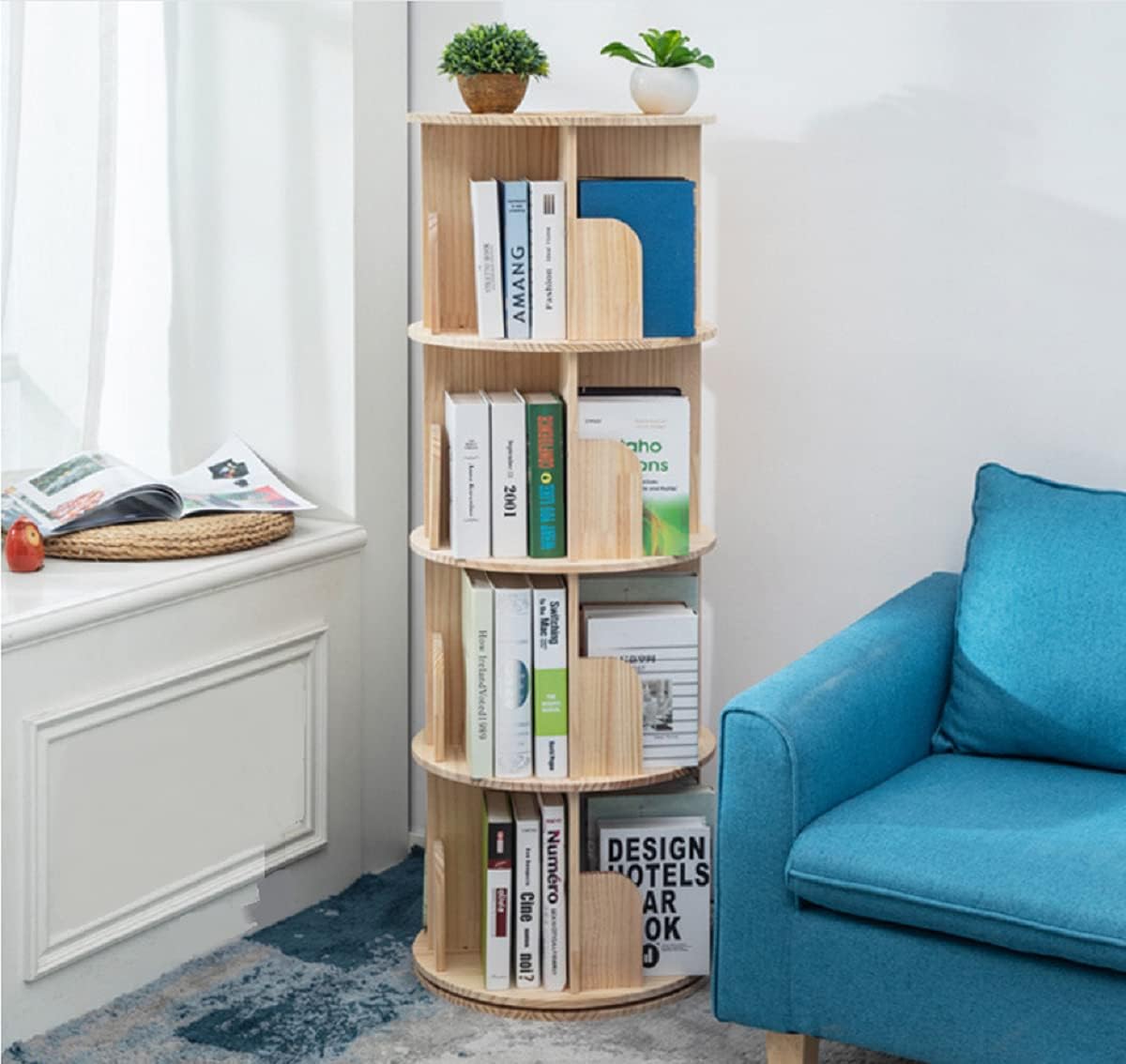 Heehee Rotating Wooden Bookshelf 360 Display 4 Tier Floor Standing Bookcase Storage Rack for Kids&Adults Solid Wood Bookshelf Organizer