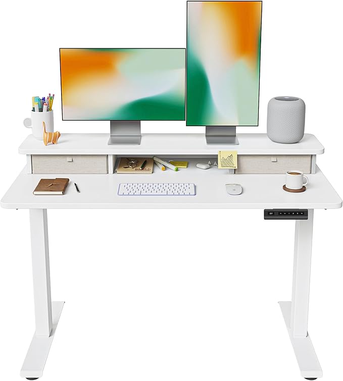 FEZIBO 48 x 24 Inch Height Adjustable Electric Standing Desk with Double Drawer, Computer Desk, Home Office Stand Up Table with 4 Height-Adjustable Feets & 2 Hooks, White