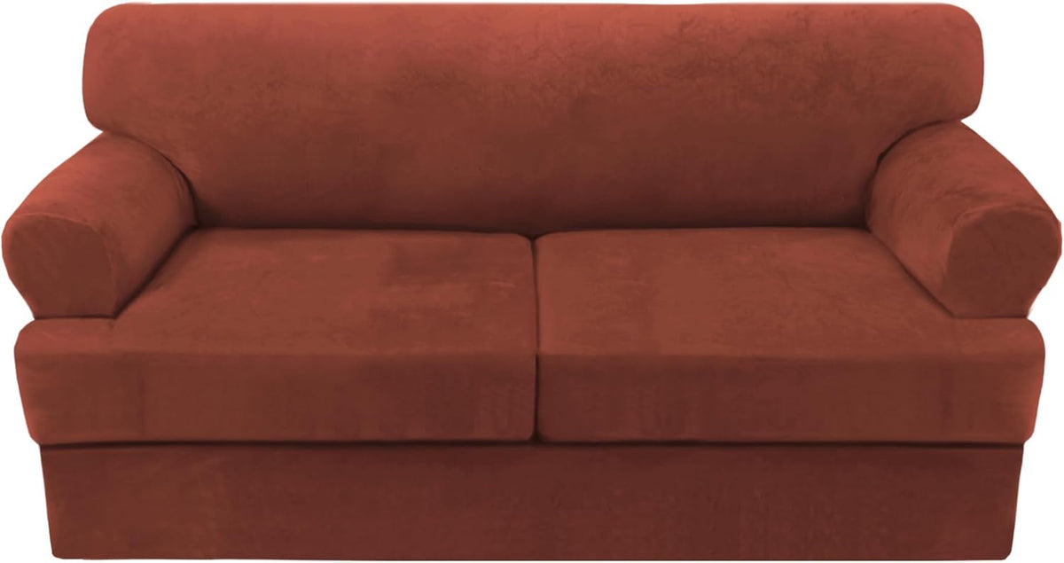 H.VERSAILTEX Sofa Cover 3 Piece T Cushion Sofa Slipcovers Thick Velvet Couch Cover Stretch T Cushion Sofa Covers for 2 Cushion Couch with 2 Individual T Cushion Covers Washable, Rust