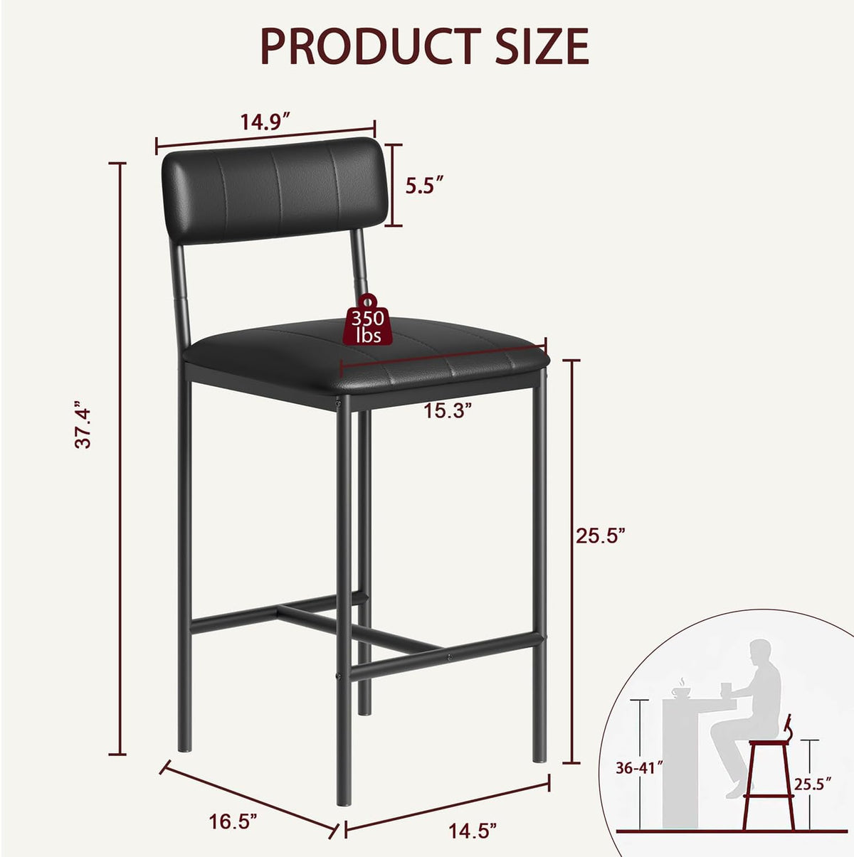 GarveeHome Bar Stools Set of 2, Upholstered Counter Height Bar Stools with Backrest and Footrest, Kitchen Barstools for Island, Counter Bar, Easy Assembly, Black