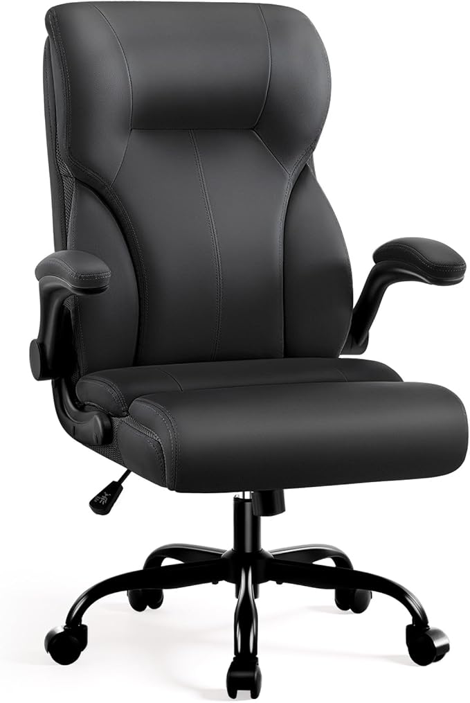 Executive Office Chair, High Back Ergonomic Comfy Desk Chair with Padded Flip-up Armrests and Wheels, PU Leather Heavy Duty Computer Swivel Rolling Task Chair for Home Office, Adults, Black
