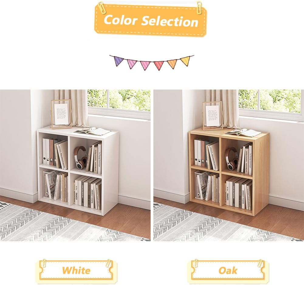 4 Cube Organizer Bookcase - Fabric Storage Bins Container, Open Shelf Simple Compartments Bookshelf, White