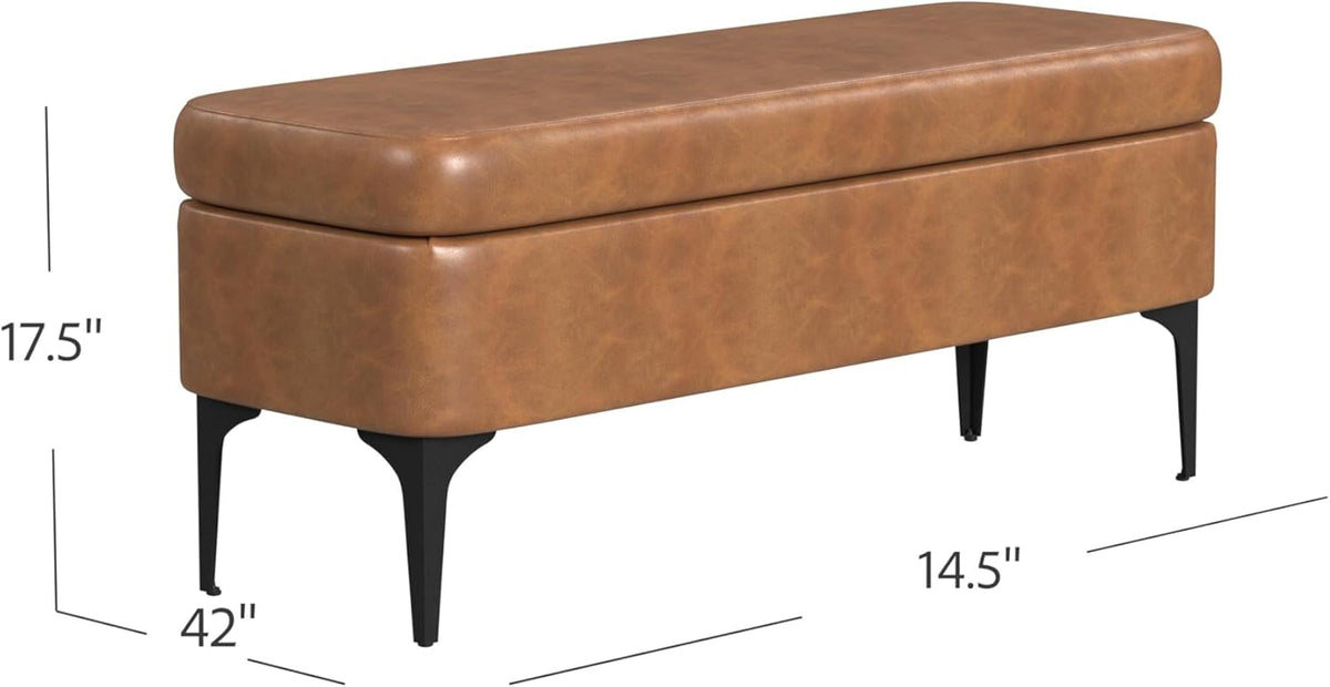 HomePop Upholstered Storage Bench with Metal Leg Home Décor|Bench with Storage for Living Room & Entryway - Carmel Faux Leather