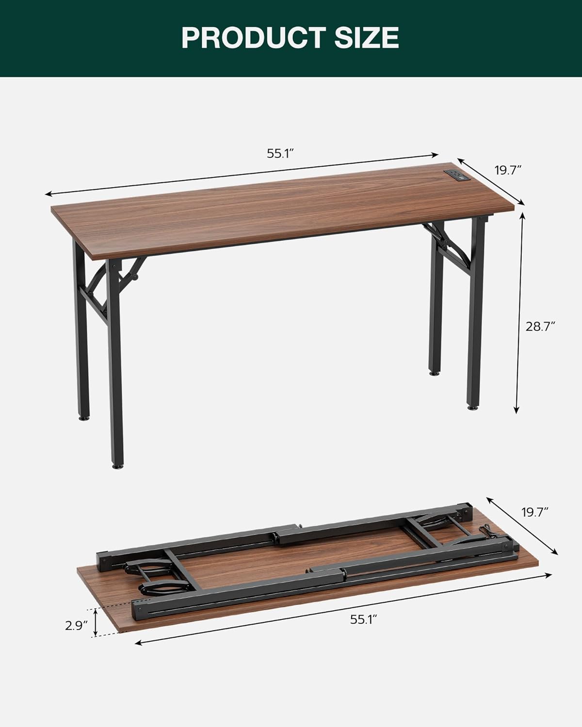Frylr Small Folding Computer Desk – 55.1 Inch Portable Table for Craft and Study, Lightweight Desk for Small Spaces, Foldable Laptop Table Built-in AC/USB Outlets for Convenience, Dark Walnut