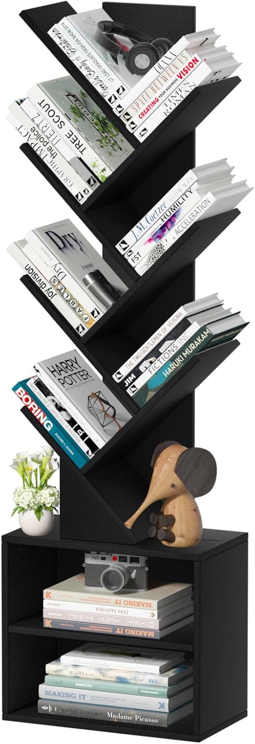 10 Tier Tree Bookshelf,Floor Standing Wood Tall Bookcase for Narrow Space, Storage Organizer Bookshelves for Books, Book Case for CDs/Movies/Books,Home Office,Living Room, Bedroom
