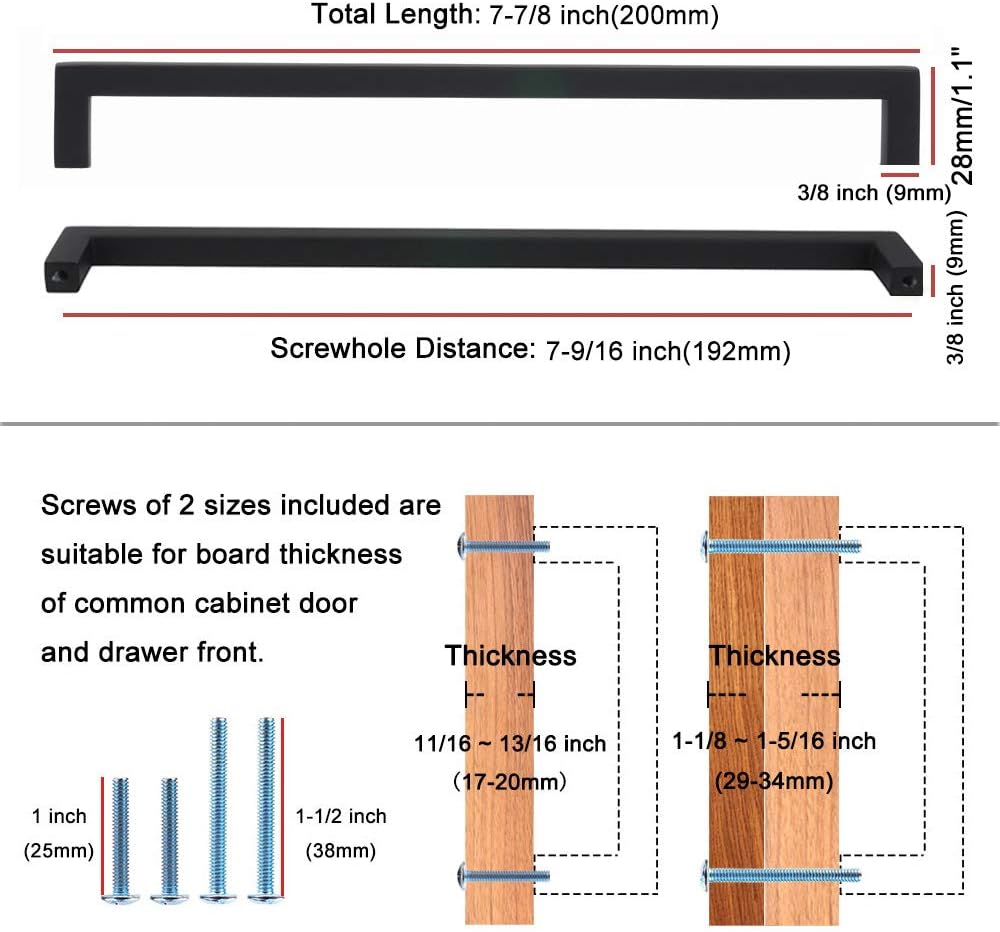 KOOFIZO Solid Square Bar Cabinet Handle - Black Furniture Pull, 7.6 Inch/192mm Screwhole Distance, 1-Piece for Kitchen Cupboard Door, Bedroom Dresser Drawer, Bathroom Wardrobe Hardware