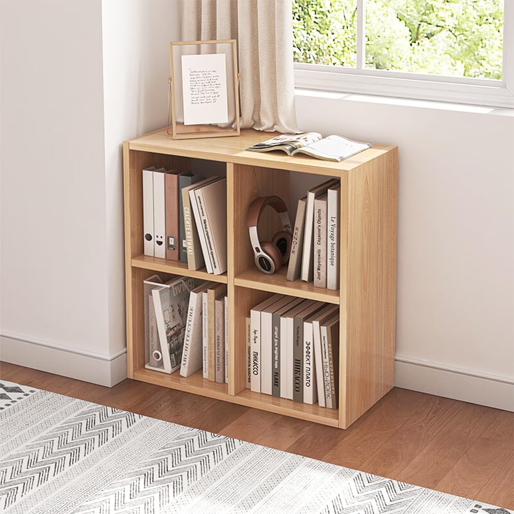4 Cube Organizer Bookcase - Fabric Storage Bins Container, Open Shelf Simple Compartments Bookshelf, Oak