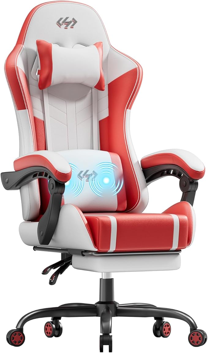 HLDIRECT Gaming Chair, Ergonomic Video Game Seat with 360° Swivel & Lumbar Massage, Computer Chair PU Leather Cushion for Adults Home/Office Use (White & Red)