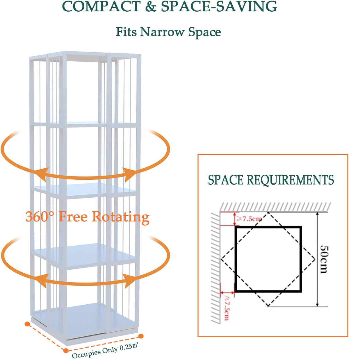 Square Rotating Bookshelf Tower - 360 Spinning Display Corner Bookcase for Narrow Space, Modern 4-Tier Revolving Storage Shelf, White