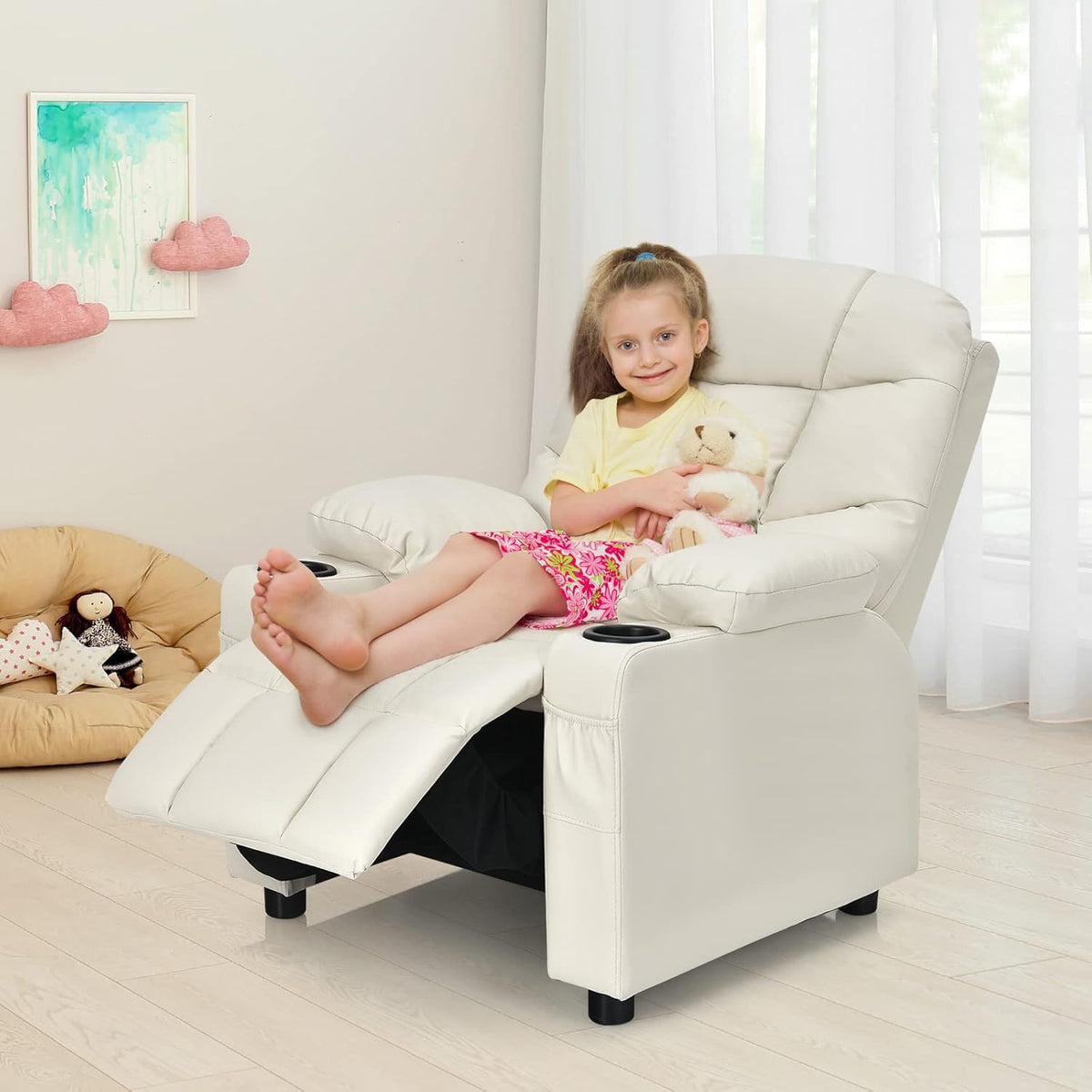 Costzon Kids Recliner Chair with Cup Holder, Adjustable Lounge Chair w/Footrest & Side Pockets for Children Boys Girls Room, Ergonomic Toddler Furniture Sofa, Kids Recliner (Beige)
