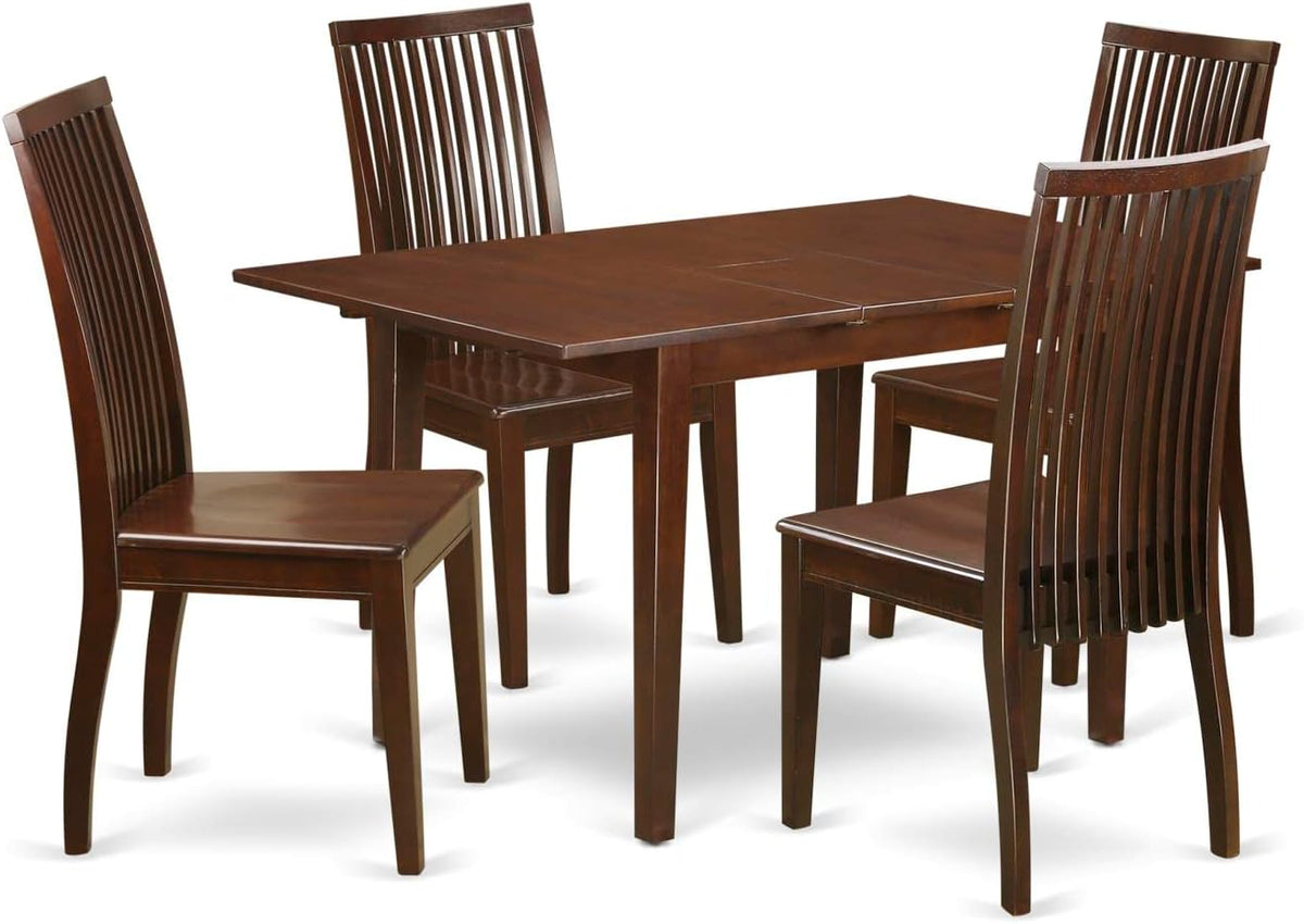 East West Furniture PSIP5-MAH-W 5 Piece Dinette Set for 4 Includes a Rectangle Dining Room Table with Butterfly Leaf and 4 Dining Chairs, 32x60 Inch, Mahogany