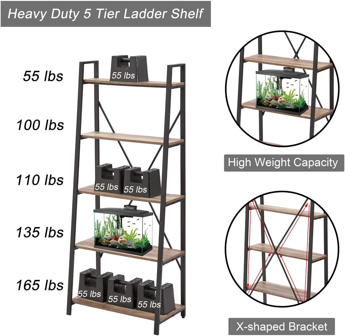 BON AUGURE Industrial 5 Tier Ladder Bookshelf, Wood and Metal Ladder Shelf Bookcase, Farmhouse Leaning Shelves for Living Room (Vintage Oak)