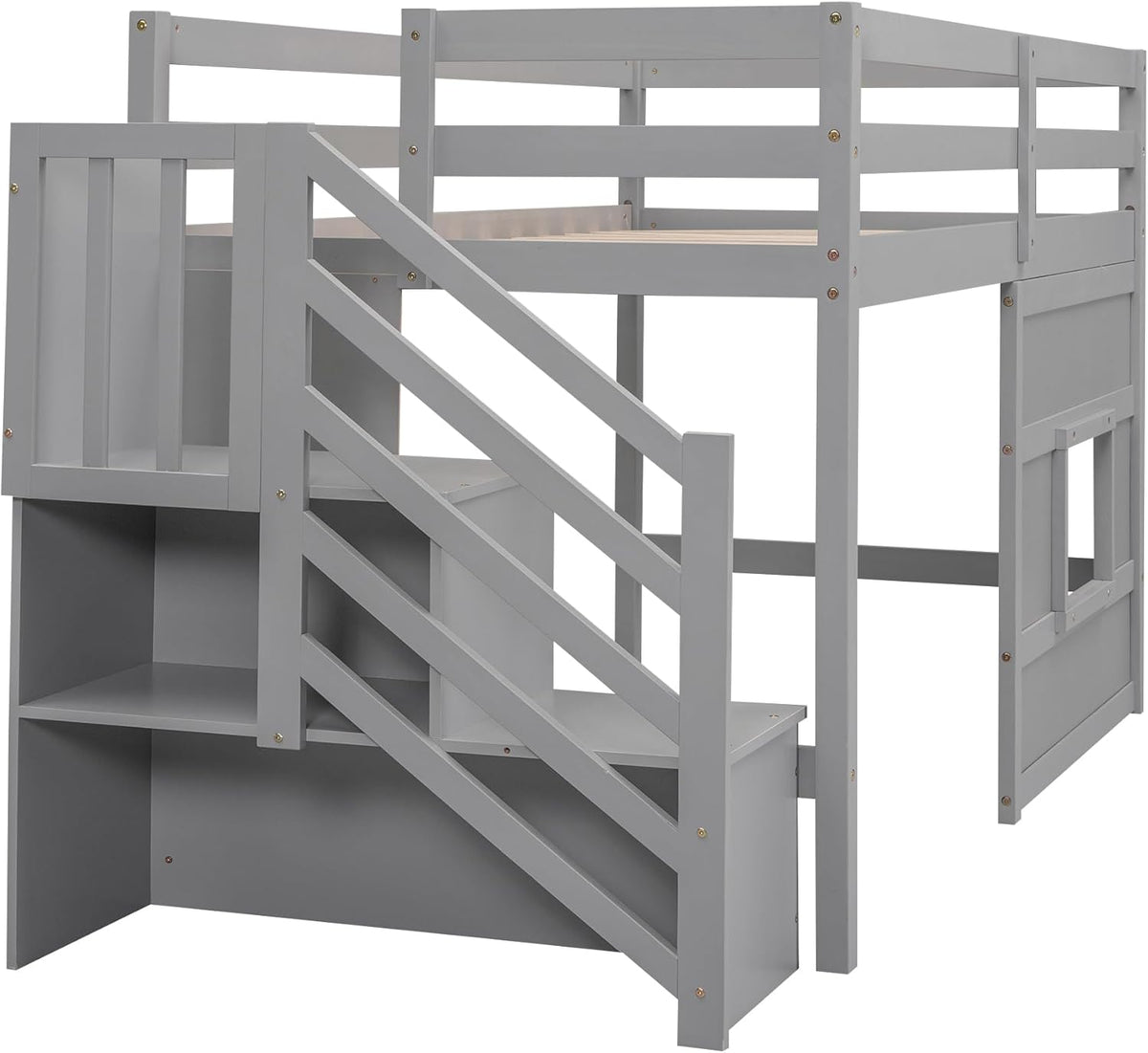 Twin Size Loft Bed with Storage Staircase and Window,Wood Twin Loft Bunk Bedframe with Full-Length Guardrail and Sturdy Slat Support, No Noise,No Box Spring Needed,for Kids,Teens,Boys,Girls,Gray