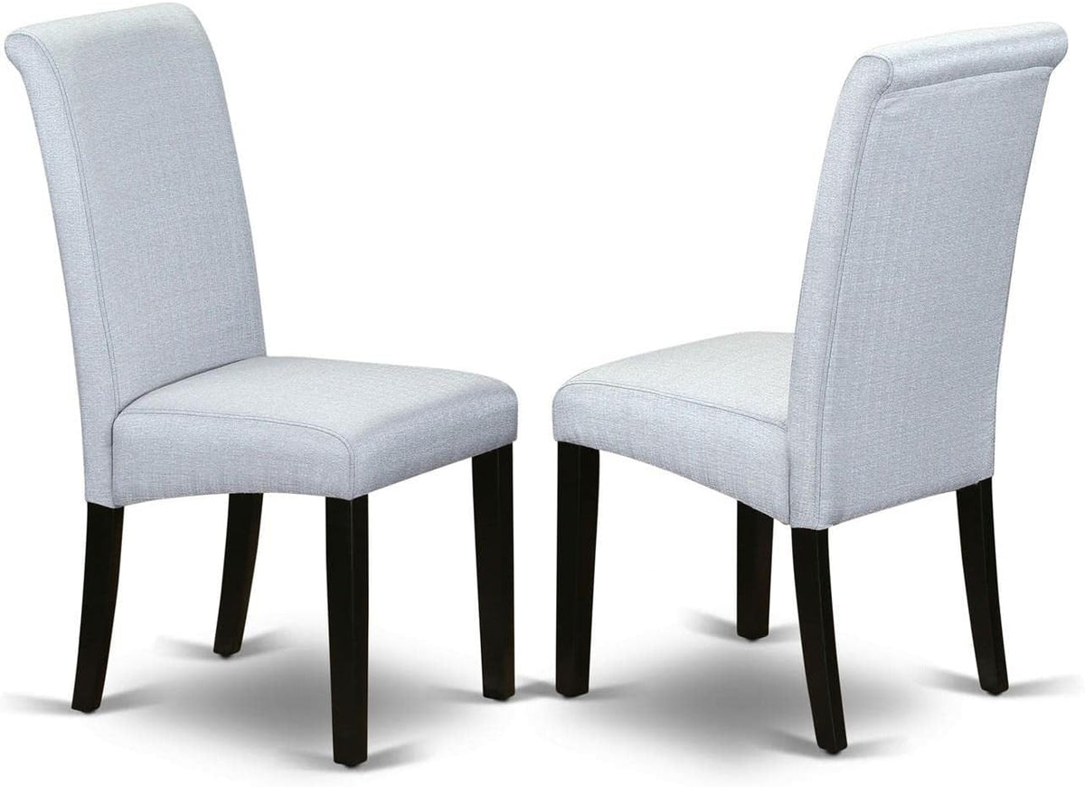 East West Furniture DLBA3-BLK-05 3 Piece Kitchen Table & Chairs Set Contains a Round Dining Room Table with Dropleaf and 2 Grey Linen Fabric Parsons Dining Chairs, 42x42 Inch, Black