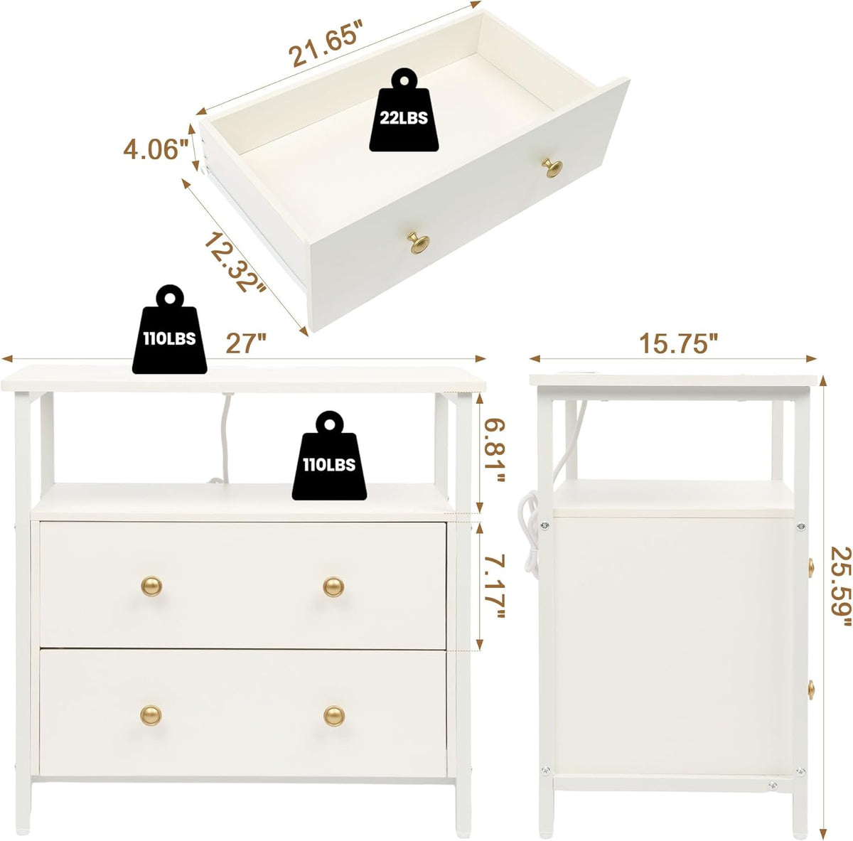 27 inch Wide Nightstand with Charging Station, Bedside Table with Open Shelf, 2 Drawers Small Wood Dresser, End Side Table for Bedroom (White)