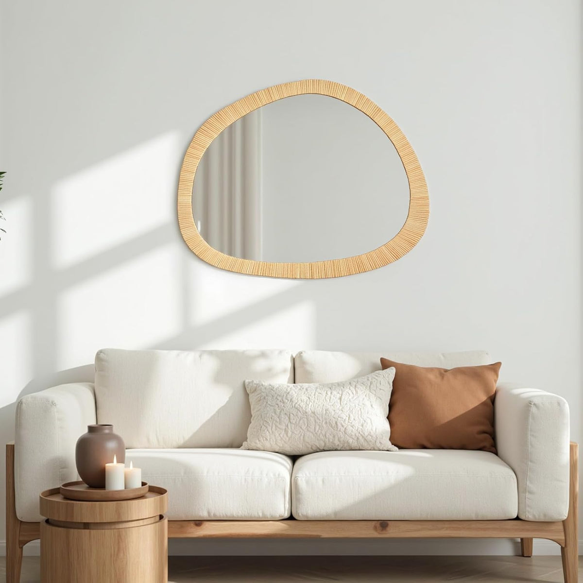 H HOMEWINS Rattan Mirror for Wall,31.5'' x 25.2" Wooden Framed Farmhouse Boho Wicker Coastal Irregular Vanity Mirror for Bathroom Living Room Entryway