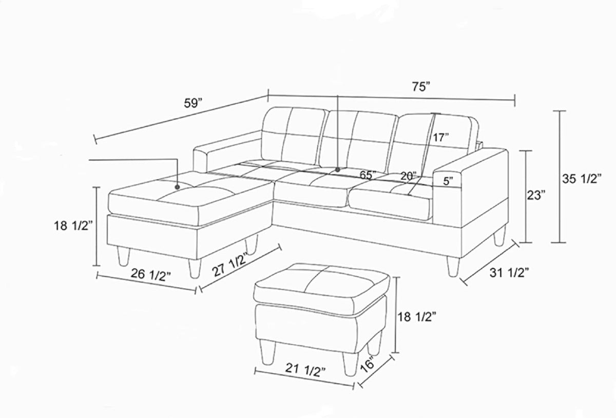 L Shaped Sofa with Ottoman, Modern Faux Leather Couch with Chaise, 3 Seat Living Room Sofa Set with Solid Wood, for Home, Apartment, Study Room, Brown Grey