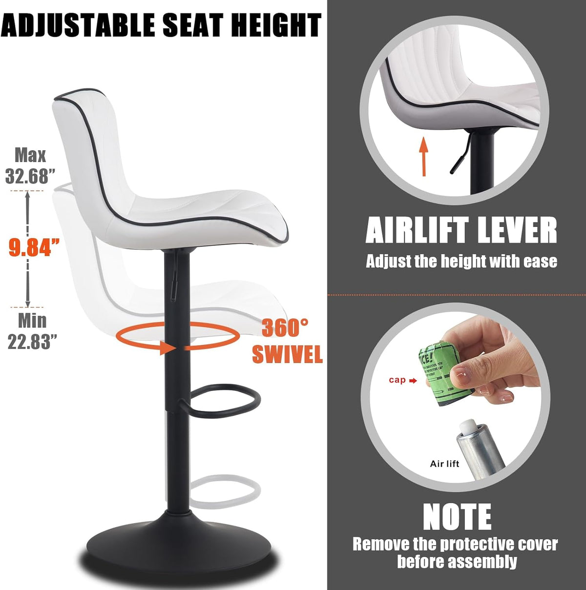 YOUNIKE Single White Bar Stools Modern Swivel Counter Height Bar Chair with Back Adjustable Kitchen Island Faux Leather Padded Barstools taburetes de bar Breakfast sillas para barra de cocina 1PCS